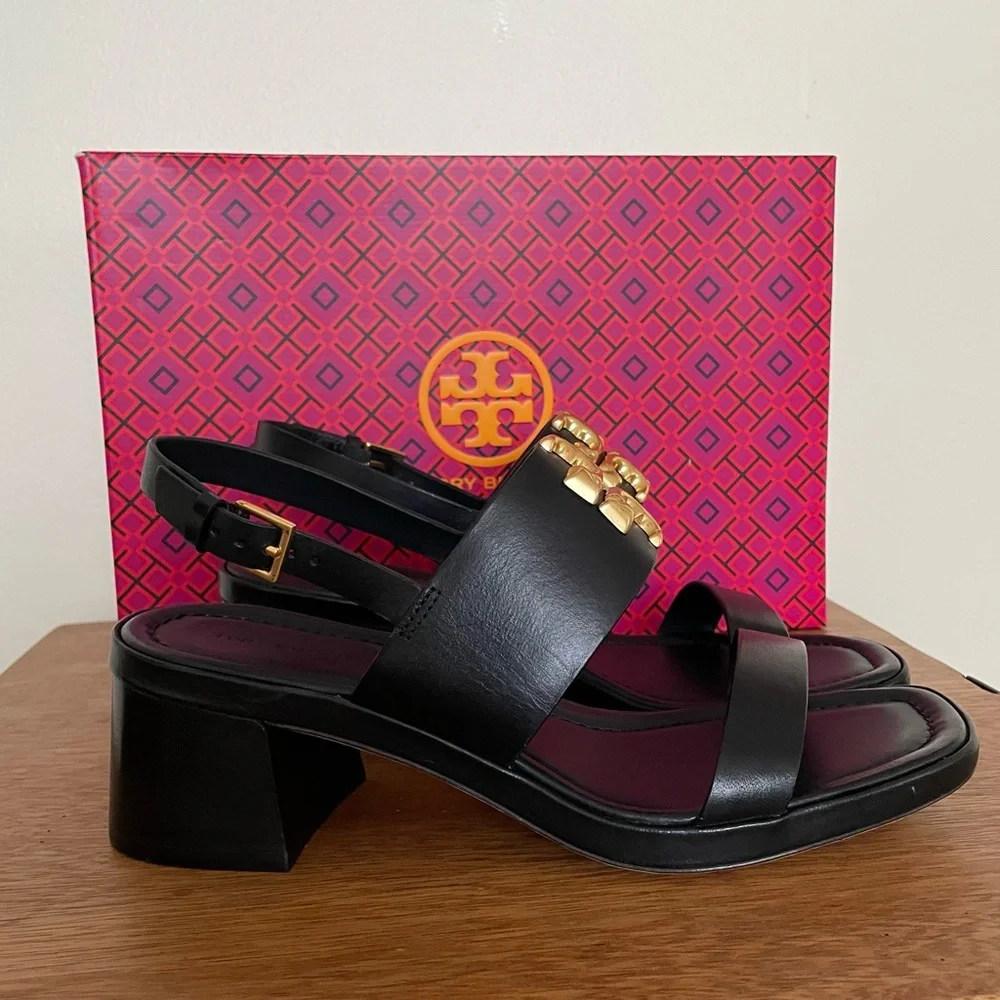 Brand New 💜 Tory Burch Black and Gold Block Heel Sandals - Picture 6 of 13